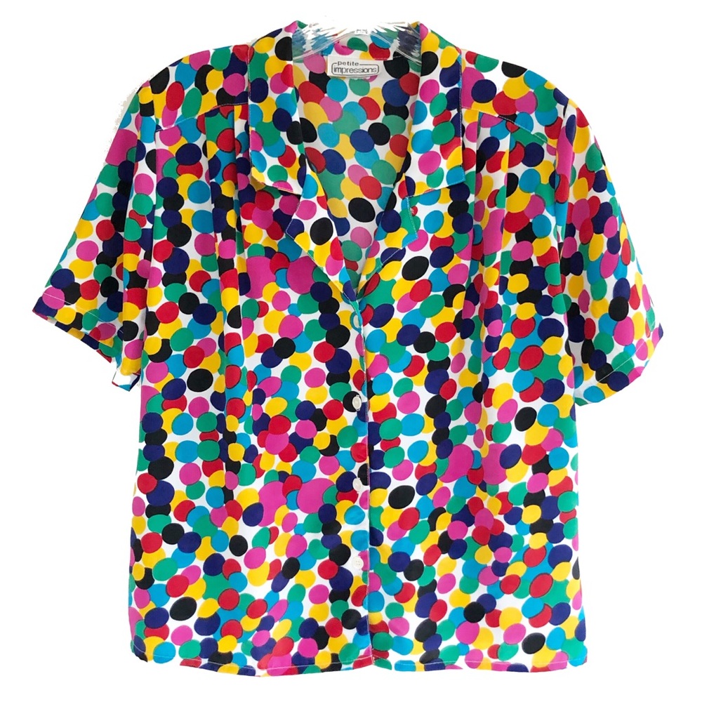 Vintage Multi Color Dot Short Sleeve Button Up Top